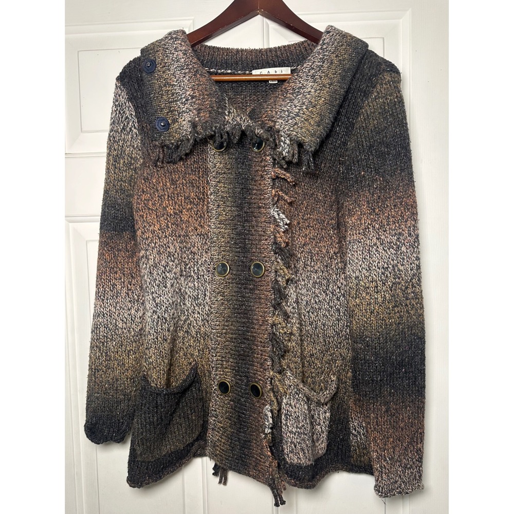 Cabi Frontier‎ Fringe Cardigan Sweater Double Breasted Small Silk Blend Cowl